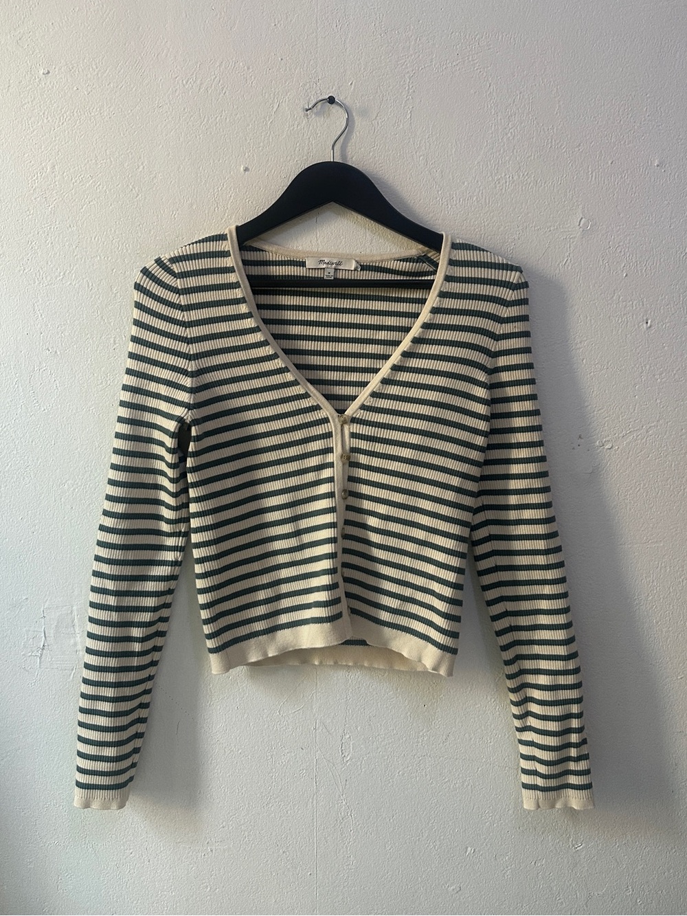 Madewell Women’s M Striped Ribbed Cardigan Sweater Cream Green Long Sleeve